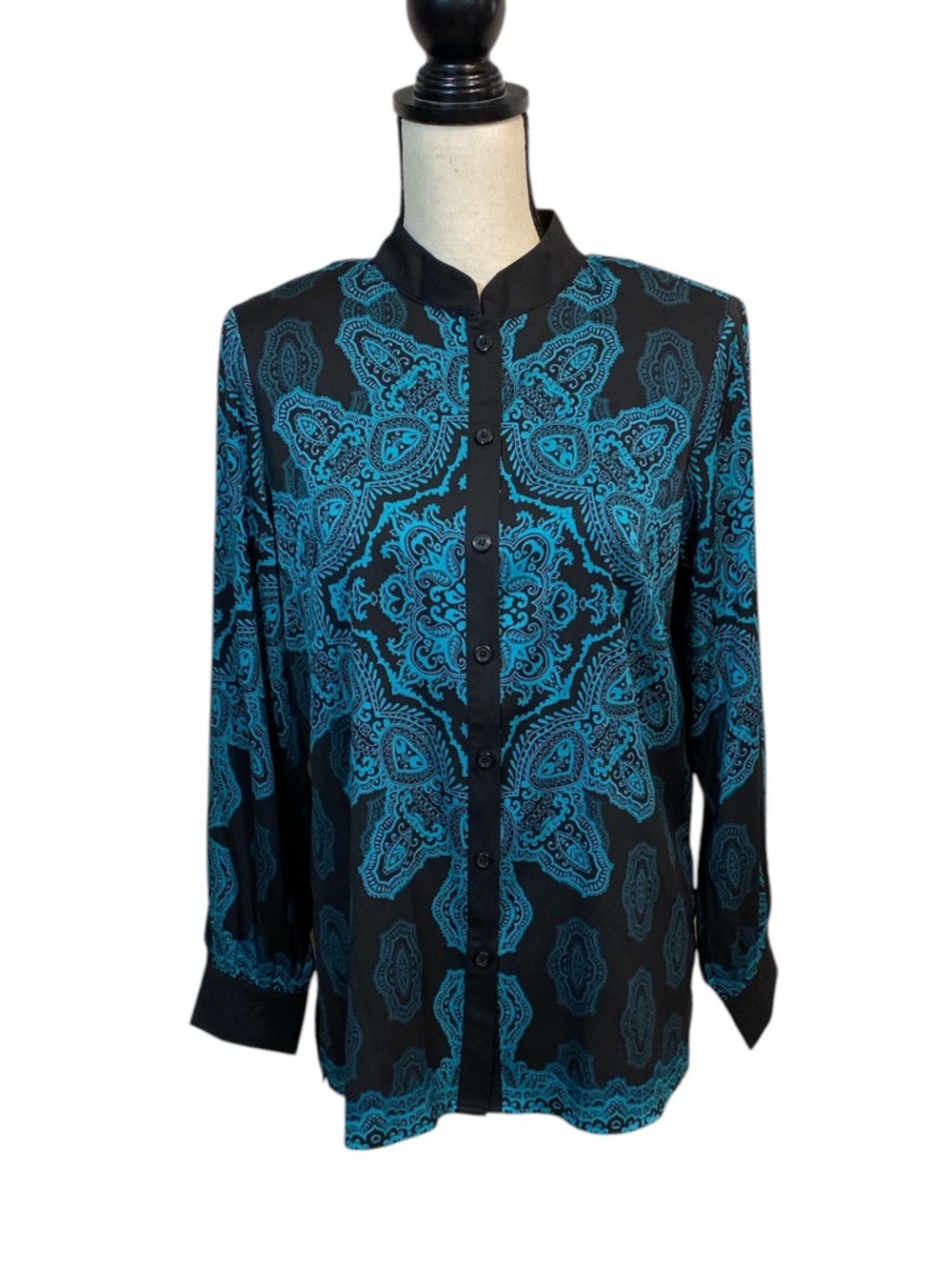 NWT Bob Mackie Teal and Black Mandarin Collar Scroll Blouse Small